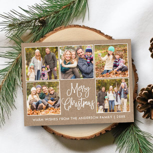 Leuke kalligrafie rustieke kraft 5 foto kerst briefkaart