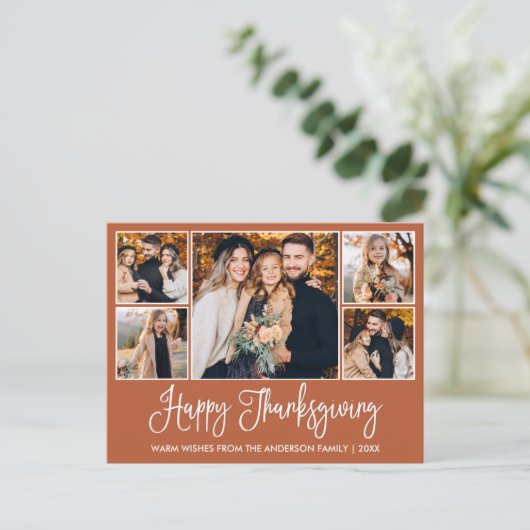 Leuke kalligrafie Terracotta 5 Foto Thanksgiving Briefkaart (Staand voorkant)