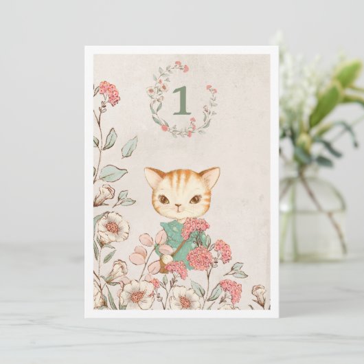 Leuke Kat Bloemen Meisje 1e Verjaardag Kaart (Staand voorkant)