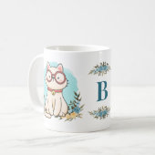 Leuke kat dragen glazen charmante bloemen monogram koffiemok (Voorkant links)