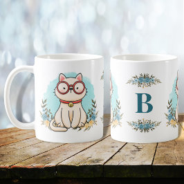 Leuke kat dragen glazen charmante bloemen monogram koffiemok