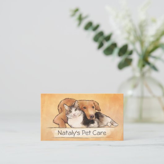 Leuke kat en hond illustratie visitekaartje (Staand voorkant)