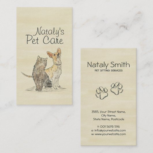 Leuke Kat en Hond Waterverf Illustratie Visitekaartje (Voorkant / Achterkant)