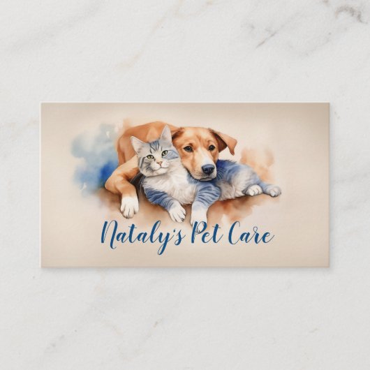 Leuke Kat en Hond Waterverf Illustratie Visitekaartje (Voorkant)
