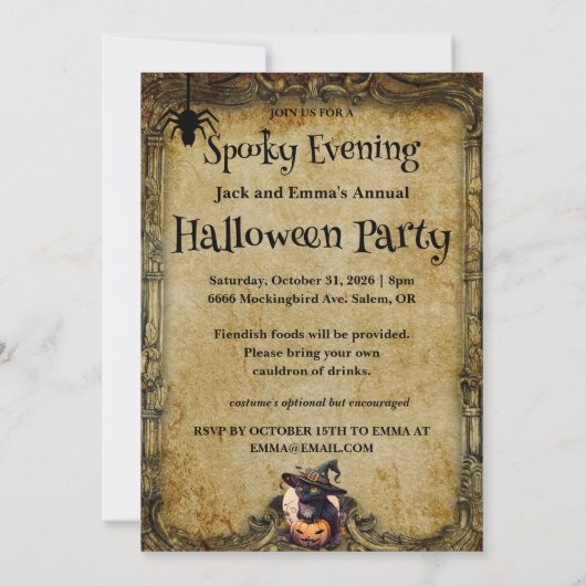 Leuke Kat en Pompoen Halloween Feestuitnodiging Kaart (Achterkant)