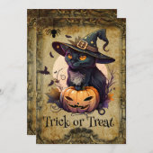 Leuke Kat en Pompoen Halloween Feestuitnodiging Kaart (Voorkant / Achterkant)
