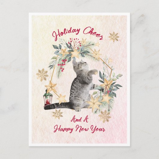 Leuke Kat Gouden Sneeuwvlokken Gelukkig Nieuwjaar Feestdagenkaart (Voorkant)