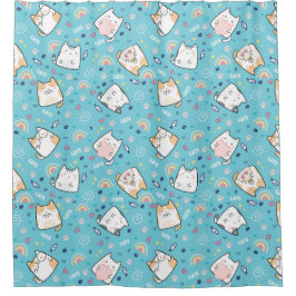 Leuke Kat Hart Regenboog Poot Vis Lichtblauw Thema Douchegordijn