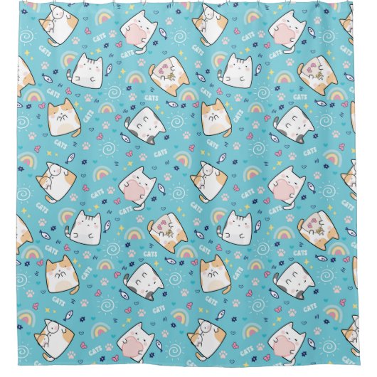 Leuke Kat Hart Regenboog Poot Vis Lichtblauw Thema Douchegordijn (Voorkant)