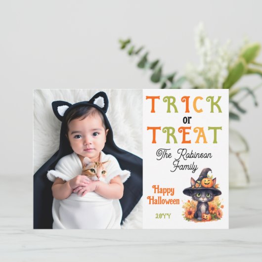 Leuke Kat Heks Pet Foto Trick or treat Halloween Feestdagenkaart (Staand voorkant)
