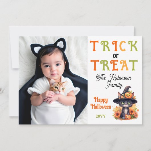 Leuke Kat Heks Pet Foto Trick or treat Halloween Feestdagenkaart (Voorkant)