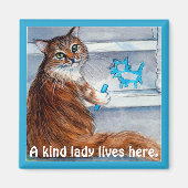 Leuke kat hobo teken, vriendelijke dame woont hier magneet (Voorkant)