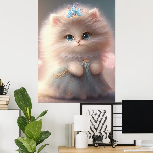 Leuke Kat in Blauw Jurk Art Nursery Poster (Thuiskantoor)