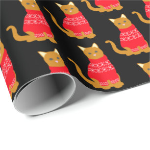 Leuke Kat in Kerstmisjumper Rood Zwart Patroon Cadeaupapier