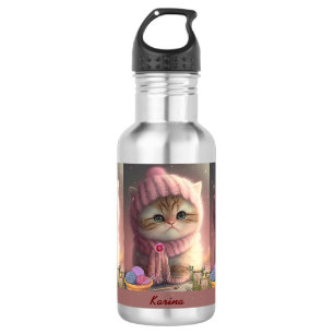 Leuke kat in Roze Gebreide Pet Garen Gepersonalise Waterfles
