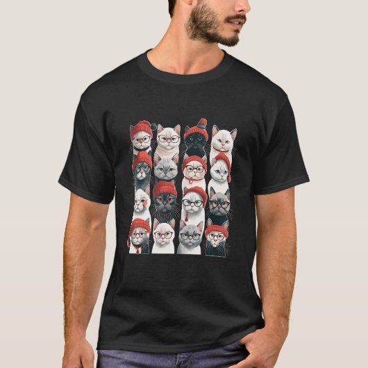 Leuke Kat Kerstmis Santa Hoed Dier Illustratie T-shirt (Voorkant)