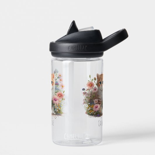 Leuke kat kitten bloemige Waterverf gepersonalisee Waterfles (Links)