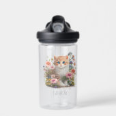 Leuke kat kitten bloemige Waterverf gepersonalisee Waterfles (Voorkant)