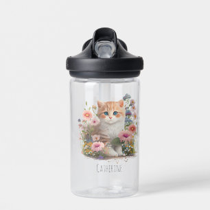 Leuke kat kitten bloemige Waterverf gepersonalisee Waterfles