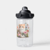 Leuke kat kitten bloemige Waterverf gepersonalisee Waterfles (Achterkant)