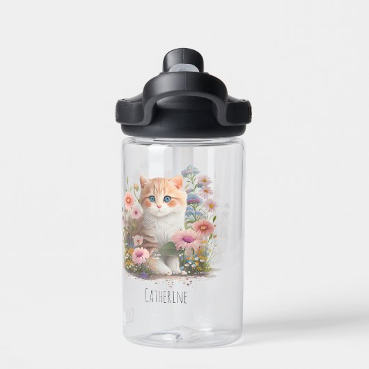 Leuke kat kitten bloemige Waterverf gepersonalisee Waterfles (Achterkant)