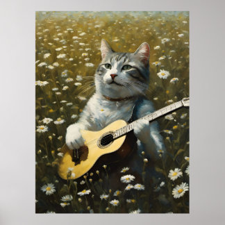 Leuke kat kitten spelen akoestische gitaar poster
