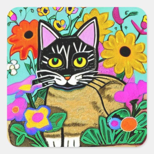 Leuke Kat met Bloem Folk Art Vierkante Sticker (Voorkant)