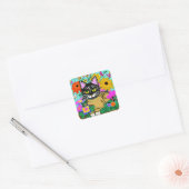 Leuke Kat met Bloem Folk Art Vierkante Sticker (Envelop)