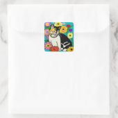 Leuke Kat met Gele Bloemen Folk Art Vierkante Sticker (Tas)