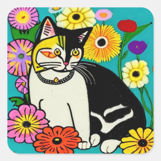 Leuke Kat met Gele Bloemen Folk Art Vierkante Sticker (Voorkant)