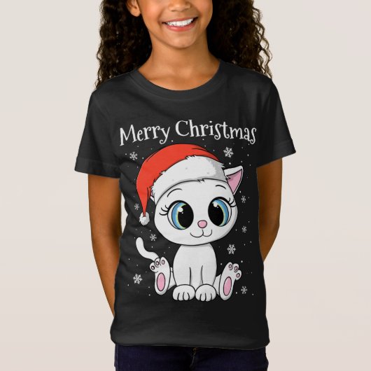 Leuke Kat met Santa Hat Vrolijk Kerstfeest T-shirt (Voorkant)