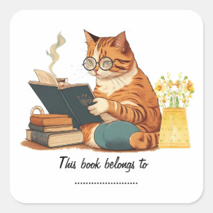 Leuke kat moeder lezen van een boek en drink koffi vierkante sticker