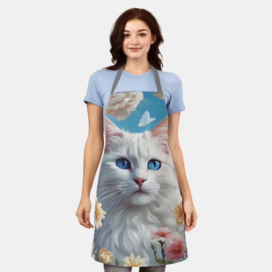 Leuke kat Mooie Witte Bloemen Schorten, Vrouwen Ch Schort (Gedragen)