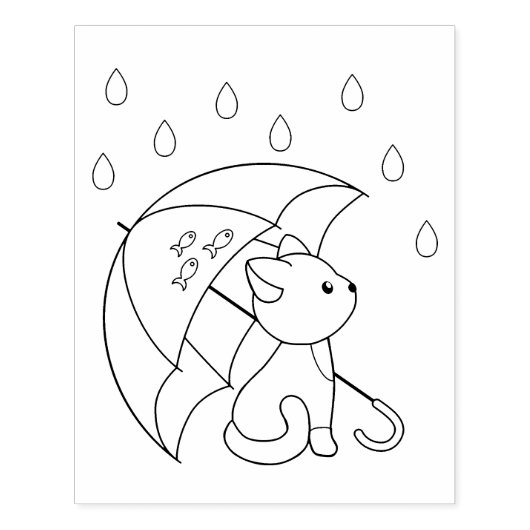 Leuke kat onder Paraplu Kleurplaat Rubberstempel (Afrduk)