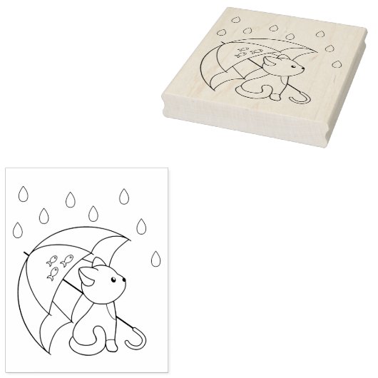 Leuke kat onder Paraplu Kleurplaat Rubberstempel (Gestempeld)