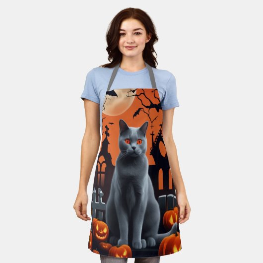 Leuke kat Schorten, Halloween Chartreux Kat Schort (Gedragen)