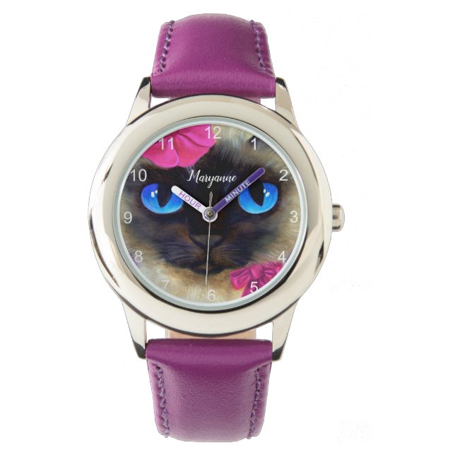 Leuke kat Siamese gezicht Voeg naam toe Paarse ill Horloge (Voorkant)