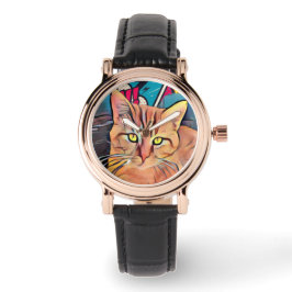 Leuke kat zwart lederen dameshorloge horloge