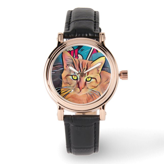 Leuke kat zwart lederen dameshorloge horloge (Voorkant)