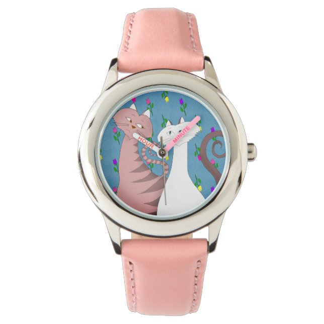 Leuke Katten Bloemen Achtergrond Meisje's Roze hor Horloge (Voorkant)