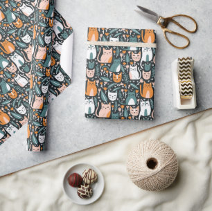 Leuke Katten Botanische Bloemen Patroon Kleurrijke Cadeaupapier