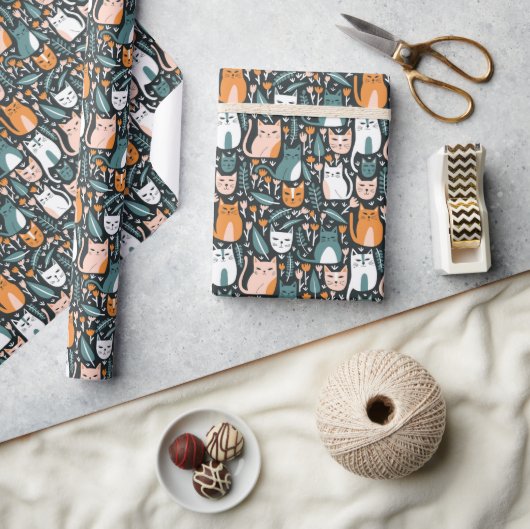 Leuke Katten Botanische Bloemen Patroon Kleurrijke Cadeaupapier (Crafts)