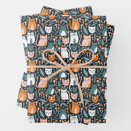 Leuke Katten Botanische Bloemen Patroon Kleurrijke Inpakpapier Vel (In situ)