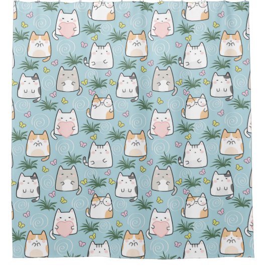 Leuke katten gras hart blauwe achtergrond thema douchegordijn (Voorkant)