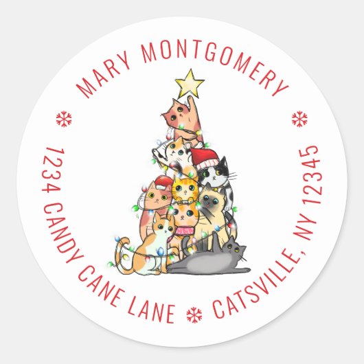 Leuke Katten Kerstboom Retouradres Ronde Sticker (Voorkant)