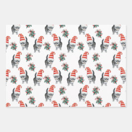 Leuke katten met santa muts meowy kerst inpakpapier vel