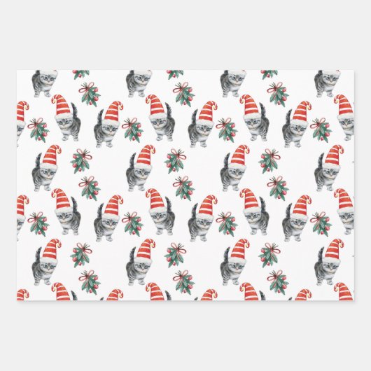 Leuke katten met santa muts meowy kerst inpakpapier vel (Voorkant)