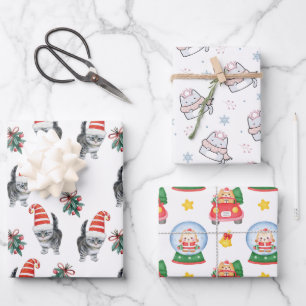 Leuke katten met santa muts meowy kerst inpakpapier vel
