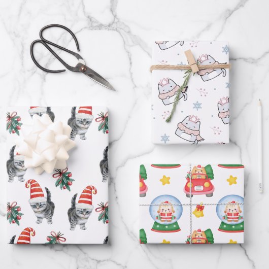 Leuke katten met santa muts meowy kerst inpakpapier vel (Voorkant)
