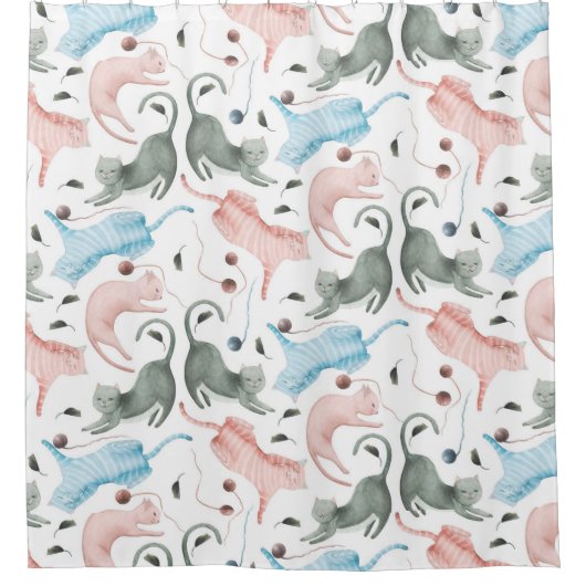 Leuke Katten Patroon Pastel Waterverven Illustrati Douchegordijn (Voorkant)